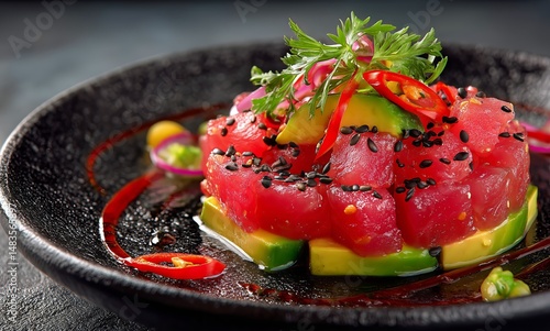 Fresh Tuna Tartare Served on a Plate With Colorful Garnishes and Sauces at a ...
