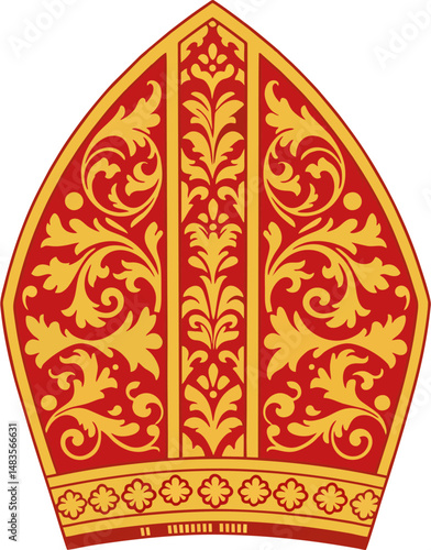 Vector Illustration of Red and Gold Ornamental Bishop Mitre – Catholic Clergy Hat with Elegant Baroque Floral Design
