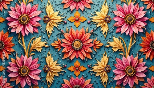 Intricate floral textile design, repeating motif, summer, flower, style
