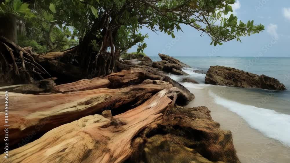 Tropical beach scene featuring waves crashing onto rocks and weathered driftwood log under shady green trees on bright sunny day Tropical beach scene featuring waves crashing onto rocks and weathered driftwood log under shady green trees on bright sunny day