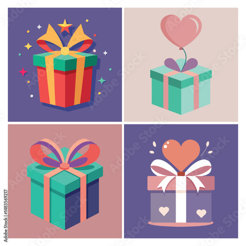 Happy Cartoon Gift Box with Smiling Face and Heart Balloon, Joyful cartoon gift box with a happy smiling face and heart-shaped balloon on top. Perfect for birthday cards