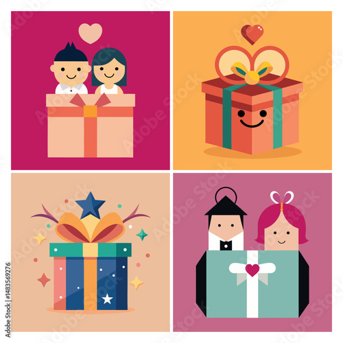 Sweet Cartoon Gift Box with Heart Decoration and Pink Ribbon, Adorable cartoon gift box with a heart accent and a delicate pink ribbon bow. Great for romantic cards