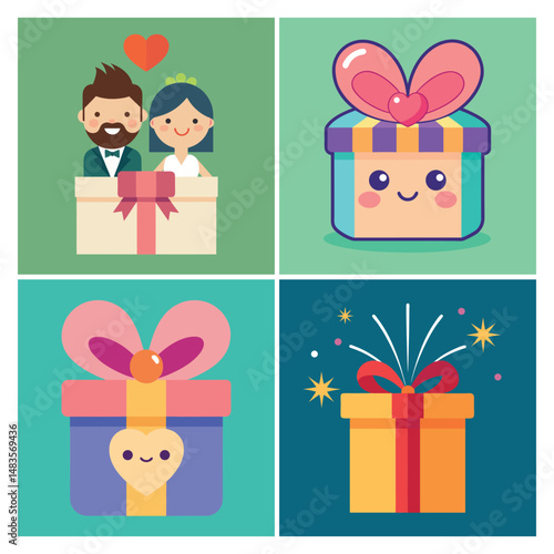 Colorful Cartoon Gift Box with Purple Wrap and Pink Ribbon, A charming cartoon-style gift box wrapped in purple with a pink ribbon and bow. Ideal for festive invitations