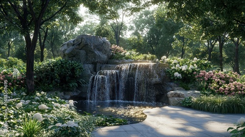 Tranquil garden scene with cascading waterfall. Lush greenery, flowering bushes, and a stone-work feature