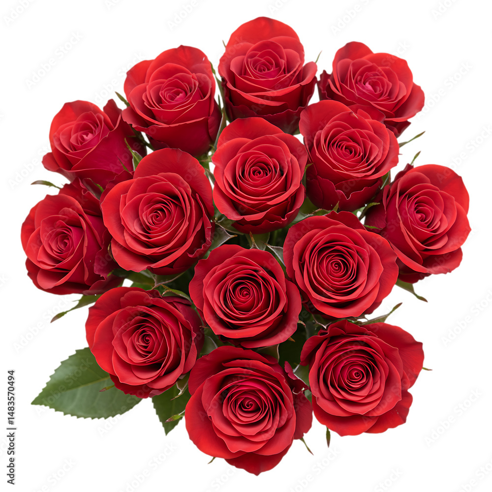 Obraz premium A bouquet of a dozen red roses with green leaves is displayed against a black background