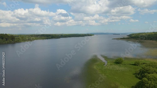 Low drone shot of blue Irish lake on sunny day. Lough Melvin, Co. Leitrim, Ireland.