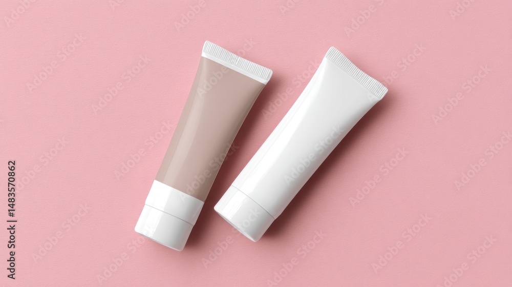 Two tubes of cosmetic cream, one light beige and one white, on a pink background Two tubes of cosmetic cream, one light beige and one white, on a pink background