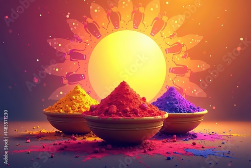 ：Three piles of colorful powders in bowls, against a backdrop of a bright yellow sun pattern and decorative elements, representing the rich and colorful essence of the Indian Holi Festival.