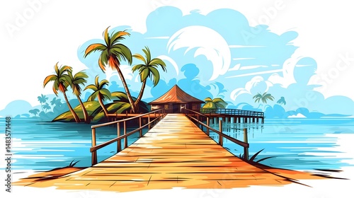 Scenic Beach with Dock Design Vector Illustration for promotional materials