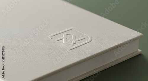 Close up of a white book with an embossed logo on the cover sitting on a green surface
