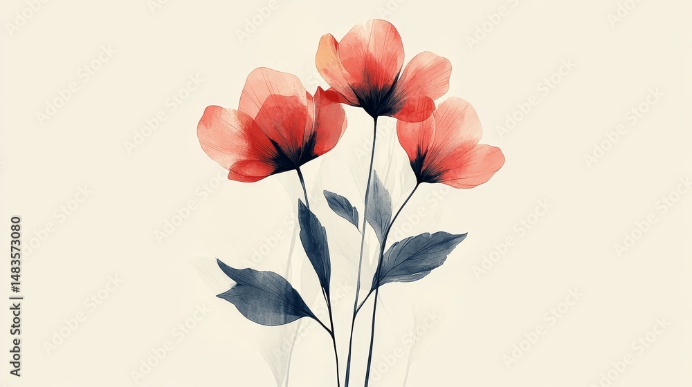 Obraz premium Delicate, watercolor-style blossoms in soft peach and gray tones.