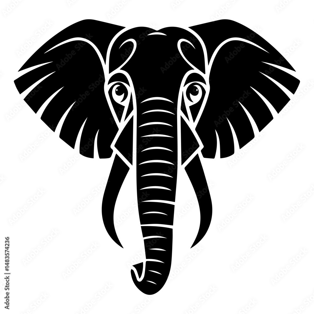 Obraz premium Stylized black silhouette of an elephant head viewed from the front, featuring large ears, curved tusks, and a detailed trunk on a white background in vector art style.