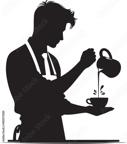 A dramatic black silhouette of a barista pouring coffee from a pitcher into a small cup.
