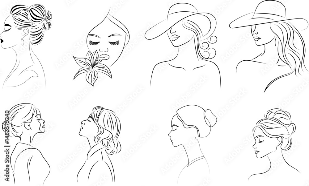 portrait of girl, woman set sketch line drawing, vector portrait of girl, woman set sketch line drawing, vector