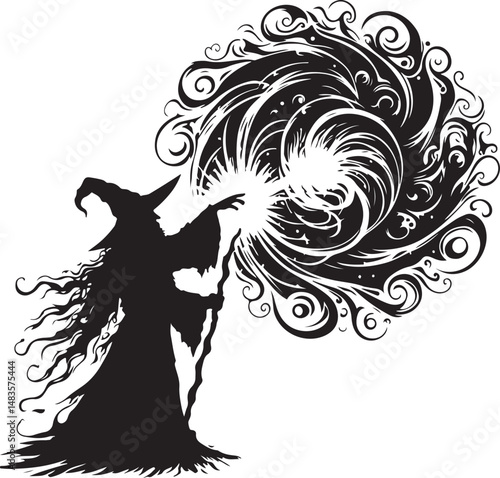 Silhouette Witch Casting Spell with Swirling Magic Energy