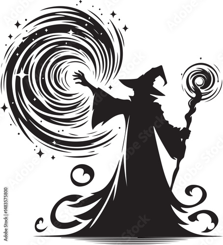 Silhouette Wizard Casting Spell with Magical Energy