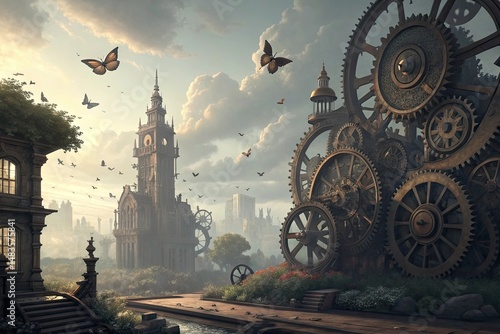 Beautiful steampunk cityscape with giant gears butterflies and gothic buildings under cloudy skies
