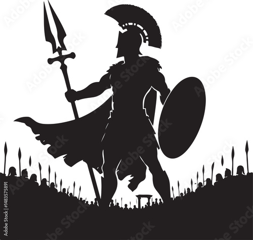 A bold silhouette of a Roman soldier, complete with helmet, shield, and spear, stands confidently amidst a dense, stylized crowd of soldiers.