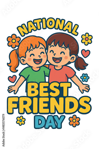 National Best Friend Day, Two cheerful girls celebrating friendship, colorful illustration with playful hearts, perfect for cards or social media posts. Isolated on white background or PNG