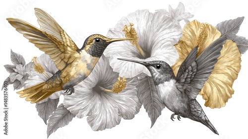 Two hummingbirds among lush hibiscus flowers