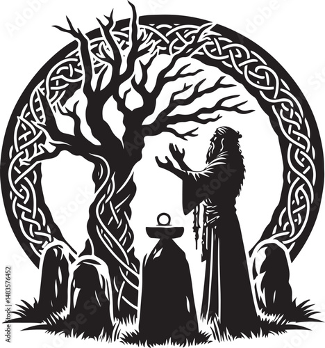 A stylized, black and white illustration of a Celtic shaman, hands raised in prayer before a bare, ancient tree.