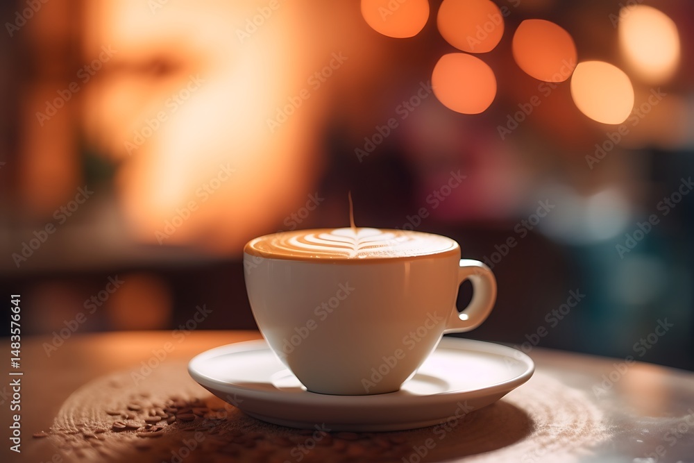 Obraz premium Coffee latte in cafe with bokeh lights.