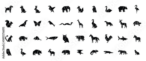 Origami Animal Icons – Geometric Silhouette Set of Wildlife and Pets in Paper Style