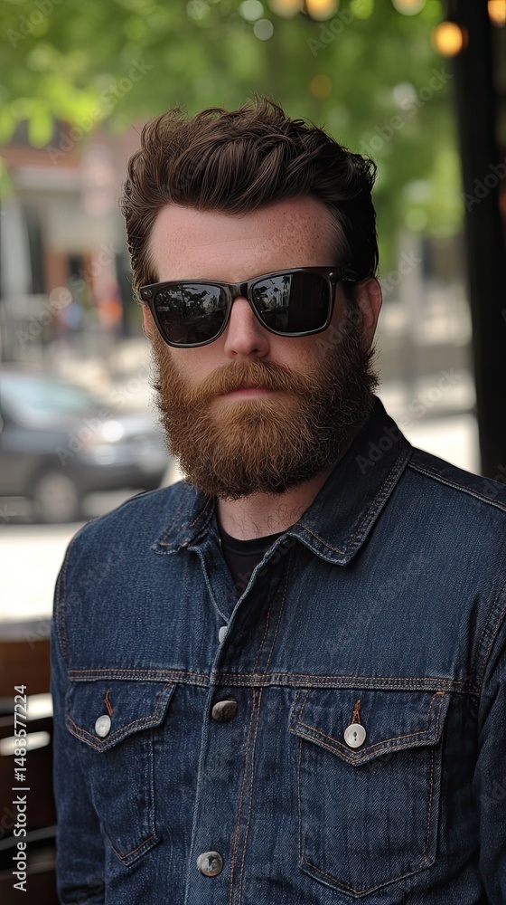 Portrait of a man with a beard wearing a denim jacket and sunglasses outdoor with blurred background Portrait of a man with a beard wearing a denim jacket and sunglasses outdoor with blurred background
