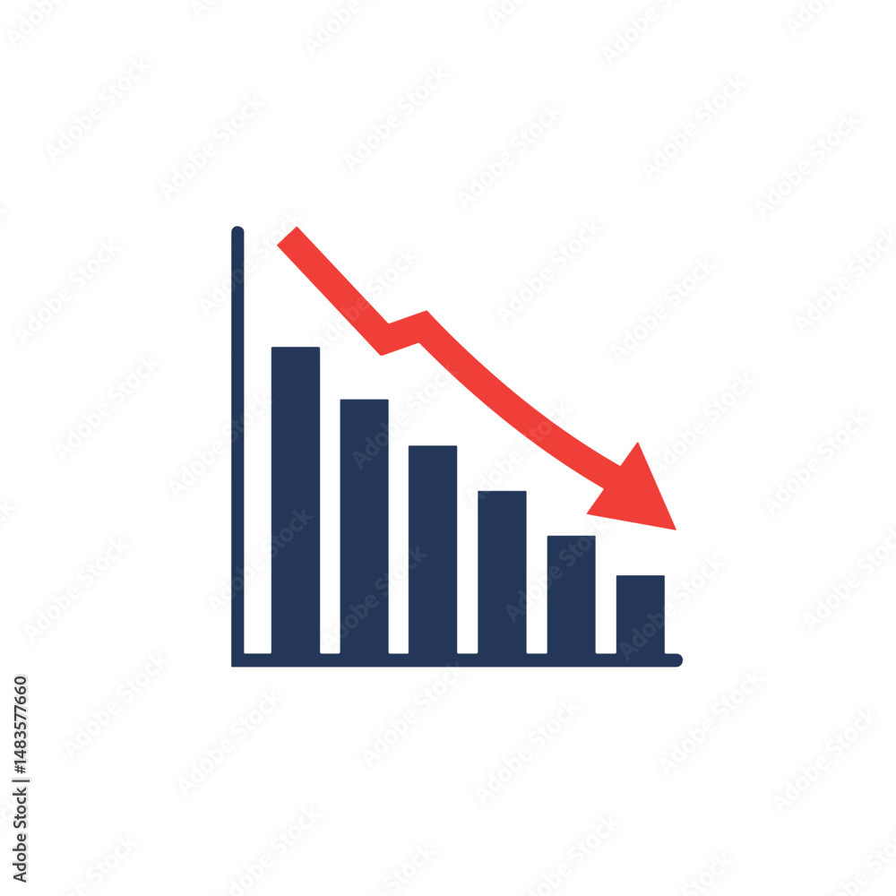Decreasing bar chart with red arrow indicating downward trend Decreasing bar chart with red arrow indicating downward trend