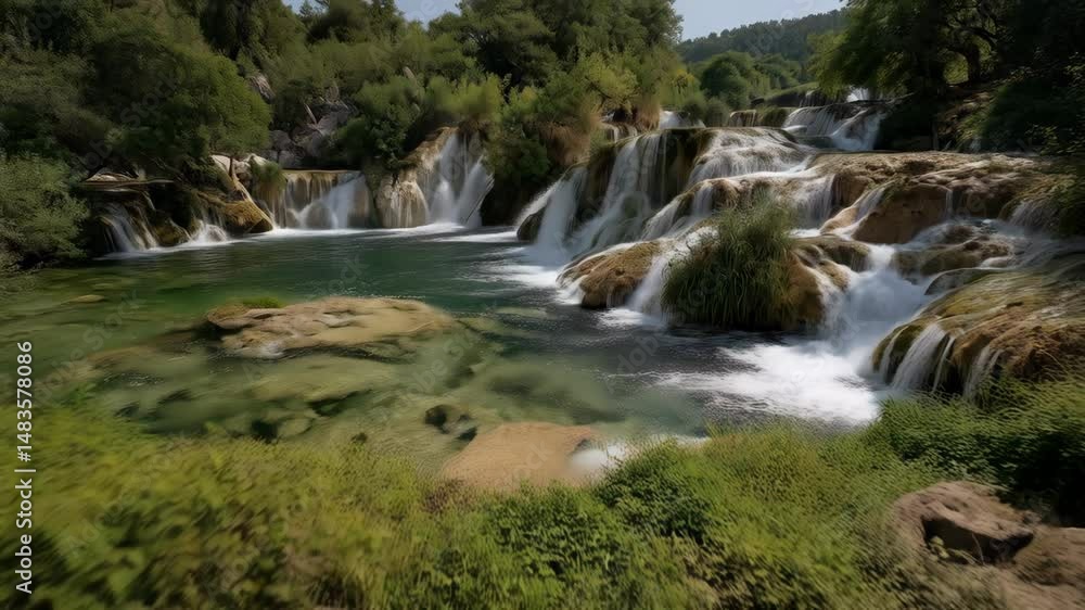Cascading waterfalls flow over rocks into clear, turquoise pools surrounded by lush, green trees and vegetation on a bright day. Cascading waterfalls flow over rocks into clear, turquoise pools surrounded by lush, green trees and vegetation on a bright day.