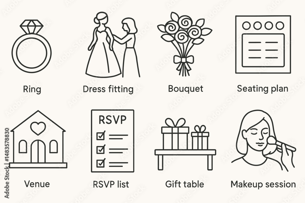 Wedding planning icons with dress, ring, venue, bouquet, and makeup elements Wedding planning icons with dress, ring, venue, bouquet, and makeup elements