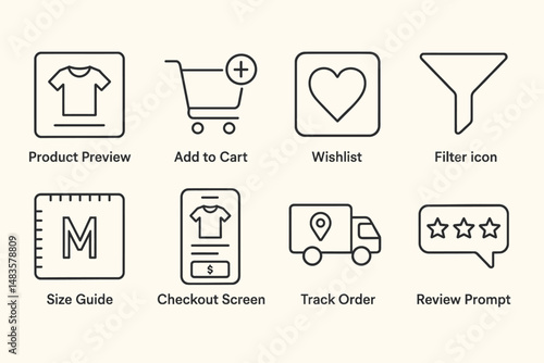 E-commerce icon set: cart, wishlist, order tracking, and more