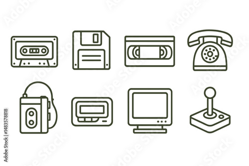 Retro technology icons: cassette, diskette, vhs, rotary phone, walkman, crt, joystick