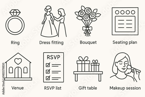 Wedding planning icons with dress, ring, venue, bouquet, and makeup elements