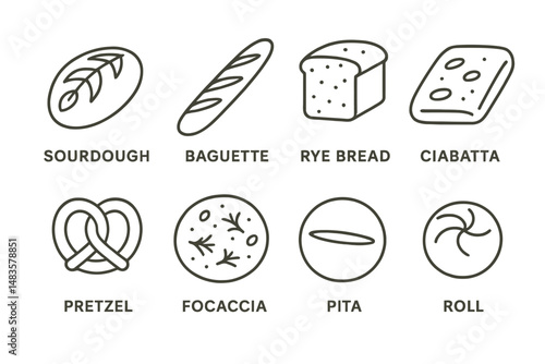 Assorted bread icons: sourdough, baguette, rye, ciabatta, pretzel, focaccia, pita, roll