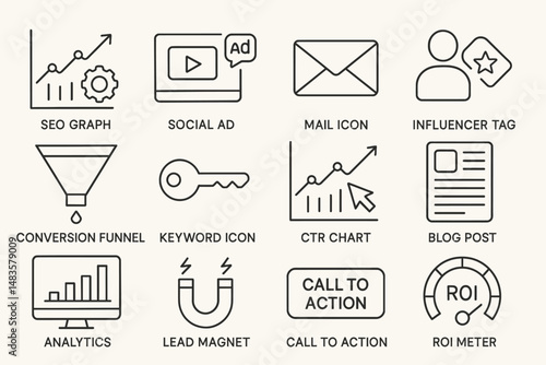 Digital marketing icons: seo, social ads, email, influencer, analytics, roi
