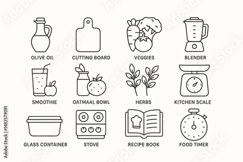 Essential kitchen tools and ingredients icons: olive oil, veggies, blender, smoothie, herbs