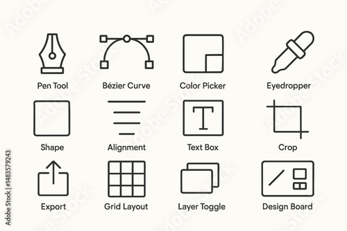 Graphic design tools icons: pen, bézier curve, color picker, crop, grid