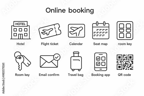 Online booking icons: hotel, flight tickets, calendar, seat map, room key