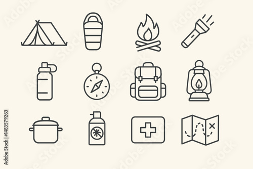 Camping essentials icons: tent, sleeping bag, campfire, flashlight, map, compass, first aid kit