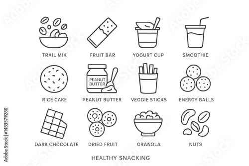 Healthy snacking icons featuring popular snack options
