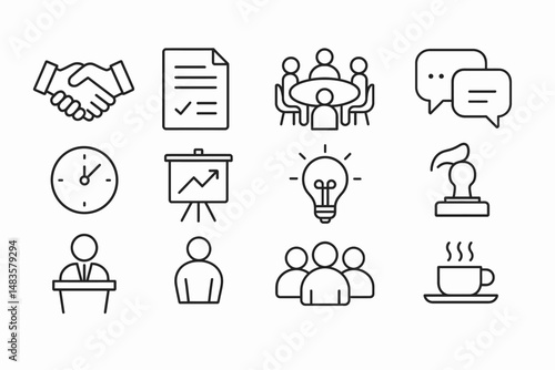 Business and collaboration icons: teamwork, strategy, communication, and innovation symbols