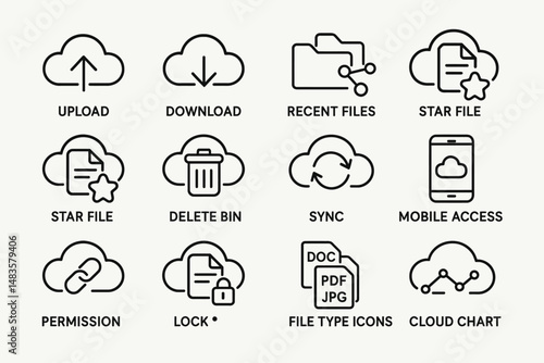 Cloud storage icons: upload, download, file management, mobile access, security