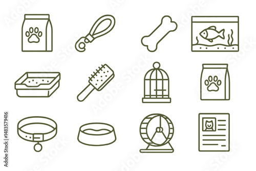 Collection of pet care icons featuring supplies and accessories