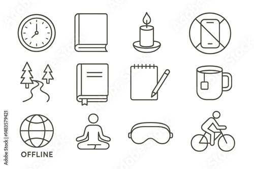 Vector icons: time, books, candle, do not disturb, nature, meditation, sleep, cycling