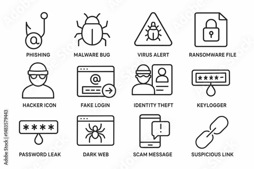 Cybersecurity icons: phishing, malware, ransomware, identity theft, dark web
