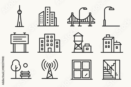 Urban line icons: skyline, bridge, buildings, street lamp, park, antenna, window, staircase