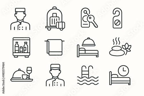 Hotel service icons set: bellhop, room key, do not disturb, amenities, pool, dining