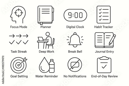 Productivity icons set: focus, planning, time management, habits, goals