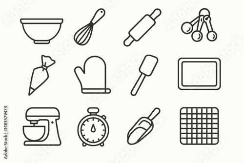 Kitchen tools line art: bowl, whisk, rolling pin, measuring spoons, oven mitt, spatula